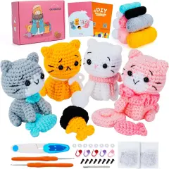 Crochet Kit for Beginners - Cat Crochet Kit Learn to Crochet Kits for Adults and Kids, 4 PCS Cat with Hat, Toy, Fish Crocheting Set