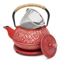 Cast Iron Teapot with Infuser - Japanese Tea Kettle, Loose Leaf Tetsubin with Handle and Trivet (Red, 3 Pcs, holds 27 oz, 800 ml)