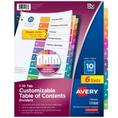Avery Ready Index 10 Tab Binder Dividers, Customizable Table of Contents, Multicolor Tabs, 6 Sets (11188)
