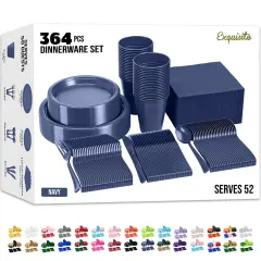 Exquisite 350 Pcs Plastic Plates for Party &ndash; Disposable Plates Set &ndash; 50 Each of 9" Dinner Plates, 7" Dessert Plates, Plastic Cups, Napkins & Plastic Cutlery &ndash; Plastic Dinnerware by Party Solids Navy