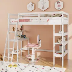 Twin Loft Bed with Desk and Bookshelves for Kids and Teens White