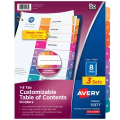 Avery Dividers for 3 Ring Binders, 8 Tabs per Set, Customizable Table of Contents, Multicolor Tabs (3 Sets of 11071)