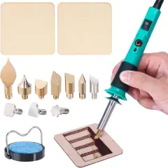 Pyrography Wood Burning Pen Kit Adjustable Temperature, Power Switch, Heat Deflector, Rubber Grip with 10 Pyrography Tips, 2 Wood Pieces, Flip-Up Pen Stand, for Woodburning DIY Crafts
