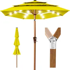 Best Choice Products Woodgrain Pattern 10ft 3-Tier Solar Patio Umbrella w/ 24 LED Lights, Tilt Yellow