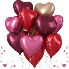 Wine Red Heart Balloons, 18 Inch 12 Pcs Burgundy Red and Pink Foil Heart Balloons Red and Rose Gold Heart Shape Mylar Balloons