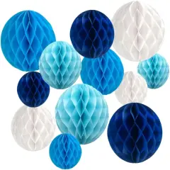12Pcs White Blue Paper Honeycomb Flower Balls 6'' 8'' 10'' Decorative Tissue Honeycomb Balls Paper Pom Poms Hanging Flower Balls Craft Kit for Wedding Nursery Room Home Party D&eacute;cor