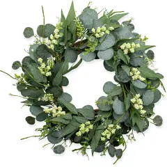 22 Inch Artificial Green Eucalyptus Wreath Summer Wreaths for Front Door with White Berries Summer Decor for Porch, Wall, Farmhouse