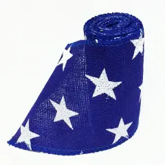 Burlap Ribbon Star Print on Navy Royal Blue, 5inch X 15 Feet roll Natural and Eco-Friendly Product Wall Decor