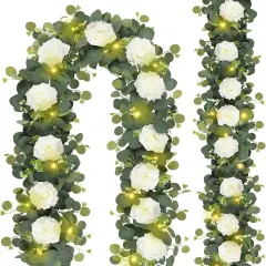 2 Pack 13.2FT Eucalyptus Garland with Lights - Spring Gypsophila Flower Garland with 24 White Roses Artificial Floral Greenery Vine for Arch Table Centerpieces Backdrop Party Wedding Decor
