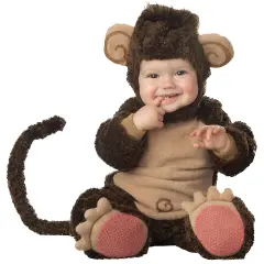 Infant Monkey Costume Lined Bodysuit Attached Tail Hood Paw Booties
