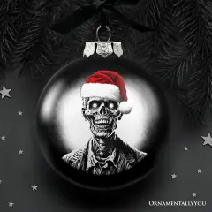 Zombie Christmas Spooky Portrait Glass Ornament, Black Horror Halloween Tree Decoration