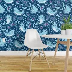 Pre-Pasted Wallpaper 2FT Wide Ocean Life Narwhal Paisley Marine Novelty Blue Pink Sea Kid Large Scale Custom Pre-pasted Wallpaper by Spoonflower