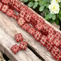 *13* 11mm Copper Washed Opaque Red Square Zinnia Flower Beads