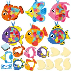 24 Pcs Under The Sea Fish Suncatcher Craft Kit Tropicial Fish Shaped Suncatcher Summer Craft Kit Window DIY Tissue Paper Decoration