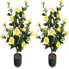 2pcs 38" Artificial Camellia Tree Flower Plant in Yellow Cement