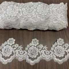 1 Yard Beautiful Corded Lace Trimming Embroidered on 100% Polyester Net Mesh 4 Inch Width White with Silver