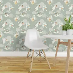 Peel & Stick Wallpaper 2FT Wide Stork And Baby Sage Green Baby Nursery Pastel Whimsical Cute Toddler Kid Custom Removable Wallpaper by Spoonflower