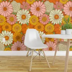 Peel & Stick Wallpaper 2FT Wide Retro 1970S Floral Vintage Style Nostalgia Pink Orange Yellow Bohemian Retro Groovy Flowers Vintage Mod Flower Power Large Scale Custom Removable Wallpaper by Spoonflower