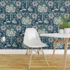 Pre-Pasted Wallpaper 2FT Wide Retro Bold Floral Maximalist Botanical Blue Green Flowers Nature Garden Blossom Modern Custom Pre-pasted Wallpaper by Spoonflower