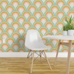 Pre-Pasted Wallpaper 2FT Wide Boho Rainbow Scallop Minimalist Modern Geometric Art Deco Warm Pastel Soft Gold Blush Pink Aqua Mint Custom Pre-pasted Wallpaper by Spoonflower