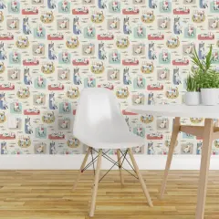 Peel & Stick Wallpaper 2FT Wide Whimsical Mod Cats Retro Color Block Fun Cute Happy Cheerful Bright Pastel Beige Custom Removable Wallpaper by Spoonflower