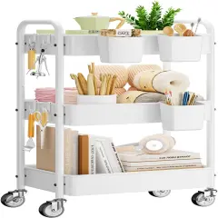 Metal 3 Tier Rolling Cart - Heavy Duty Utility Cart with Lockable Wheels