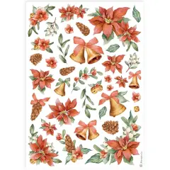 Stamperia Rice Paper Sheet A4-Classic Christmas Poinsettia And Bells