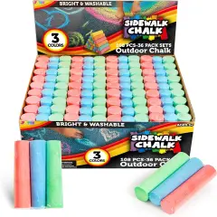 108 PCS Sidewalk Chalk Set in 36 Count, 3 Assorted Colors, Non-Toxic Jumbo Washable Driveway Chalk for Outdoor Art Play, Great Gift Toys for Kids, Classroom