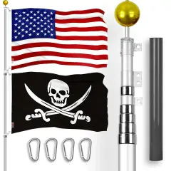 G128 Combo Pack: 20 Ft Telescoping Aluminum Flagpole (Silver) & American and Pirate Jolly Roger Swords Flags 3x5 Ft, Both ToughWeave Series Embroidered Polyester | Pole with Flags Included
