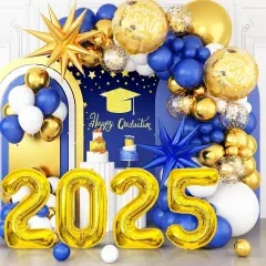 Graduation Balloons Garland Arch Kit, Graduation Balloons Class of 2025, Navy Blue and Gold White Latex Balloons with Graduation Class Foil Balloons for 2025 Graduation Party Decor