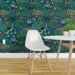 Peel & Stick Wallpaper 2FT Wide Bohemian Tropical Botanical Emerald Jade Whimsical Jungle Custom Removable Wallpaper by Spoonflower