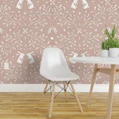 Pre-Pasted Wallpaper 2FT Wide Cottagecore Whimsical Leaves Botanical Bunnies Rabbits Woodland Animals Floral Rustic Farmhouse Baby Nursery Pink Blush Faux Texture Hand Drawn Custom Pre-pasted Wallpaper by Spoonflower