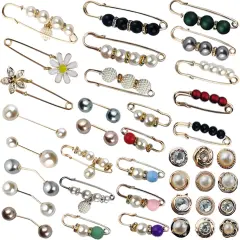 40PCS Pearl Brooch,Pant Waist Tightener Safety Pin Double Faux Pearl Brooches for Women Girls Fashion Cover Up Buttons Clothing Dresses Decoration Accessories Pant Waist Tightener Safety Pins