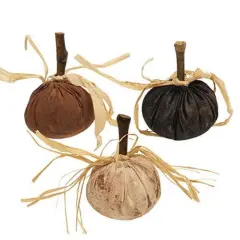Fabric Stuffed Pumpkins with Wooden Stems and Raffia Bows 3 Asstd.