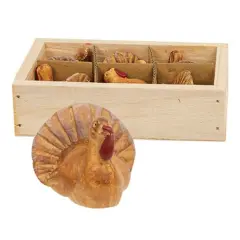 Set of 6 Miniature Resin Turkey Figurines with Rustic Distressed Finish in Natural Wood Crate