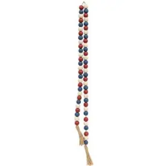Patriotic Red White & Blue Wooden Bead Garland 52&rdquo; Rustic Americana Decor with Jute Tassels
