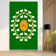 Lord Krishna Backdrop with Cow Indian Traditional Cloth Pooja Backdrop Indian Wall Art Photo Decor Banner Designer Wall Hangings Diwali Decor Wedding Housewarming Gift Green