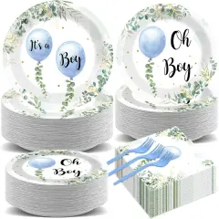 200-Piece Oh Boy Blue Balloon & Eucalyptus Baby Shower Tableware Set