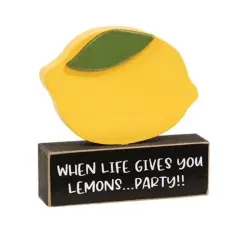 When Life Gives You Lemons Wooden Sitter Bright Yellow Lemon Figurine on Black Block with Uplifting Quote