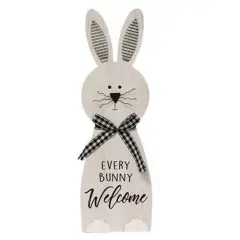 Wooden Bunny Decoration with Galvanized Ears and "Every Bunny Welcome" Sign