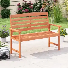 Wooden Garden Bench for 2 with Slatted Backrest and Armrests