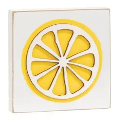 Wood Lemon Graphic Square Block Freestanding Decor with Bright Finish