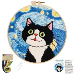 Louise Maelys Cat Starry Sky Embroidery Kits for Beginners with Floral Pattern,Adults Starter Cross Stitch Kit DIY Needlepoint