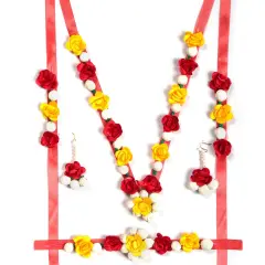 Flower Designer Jewelry Set for Women Handmade Necklace with Earrings Maang Tikka Wristbands Waistbelt Indian Artificial Jewelry for Haldi Mehndi Wedding Party Bridal Red