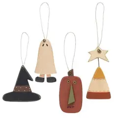 Set of 4 Rustic Halloween Decorations Wooden Witch Hat, Ghost, Candy Corn and Pumpkin Ornaments