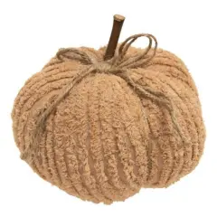 Dusty Orange Chenille Plush Pumpkin with Ribbed Texture and Jute Bow