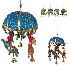 Elephant Umbrella Door Hanging Rajasthani Wall Window Feng Shui Hanging Handicraft Traditional Ethnic Latkan Toran with Tokri for Home Office Decor Decorative Ornament Party Decor Light Blue