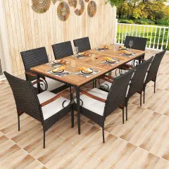 79 Inch 9-Piece Outdoor Dining Set with Acacia Wood Table and Rattan Chairs Cushions and Umbrella Hole