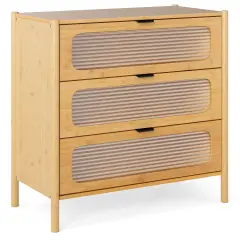 Natural Wicker 3-Drawer Cabinet with Tempered Glass Fronts and Soft-Close Drawers