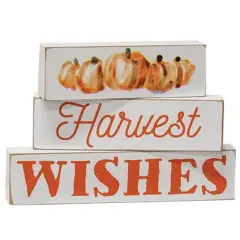 3-Piece Wooden Block Set with Pumpkin and Harvest Design for Fall Decor